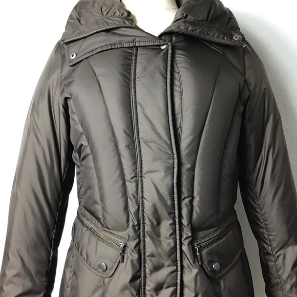 New Cole Haan brown puffer down long jacket coat with hidden hood - Picture 6 of 12